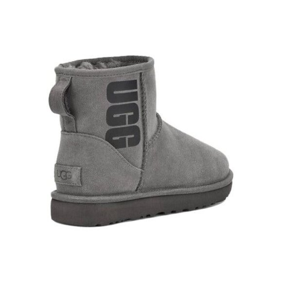 NEW UGG Classic Mini UGG Rubber Logo Grey Boot Suede Sheepskin EU 42 US 11 UK 9 - Picture 2 of 9